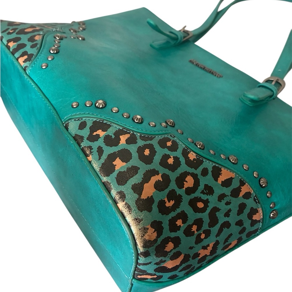 Montana West Turquoise Tote with Leopard Accent with concealed carry pocket - Picture 3 of 11